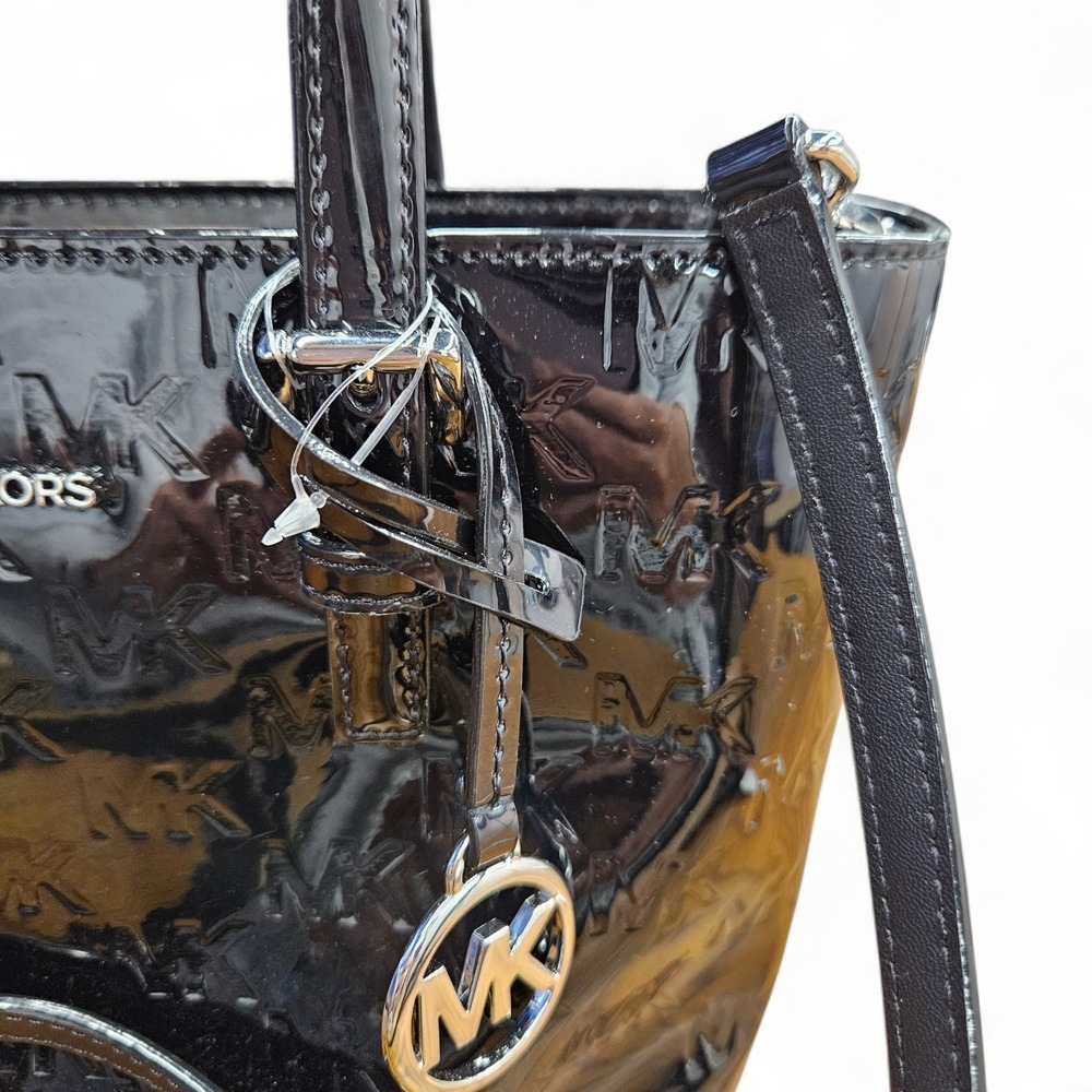 Michael Kors Jet Set Small Metallic Logo Debossed Convertible Tote Bag Black - Picture 9 of 14